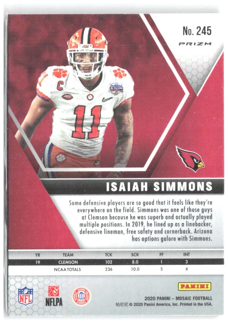 Isaiah Simmons Panini Mosaic - Prizm Reactive Blue 245 2020 Arizona Cardinals