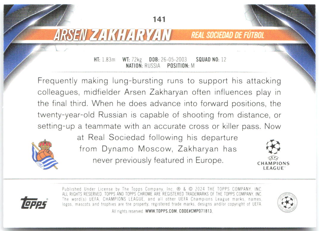 Arsen Zakharyan Topps Chrome UEFA Club Competitions 141 2023-24 Real Sociedad RC