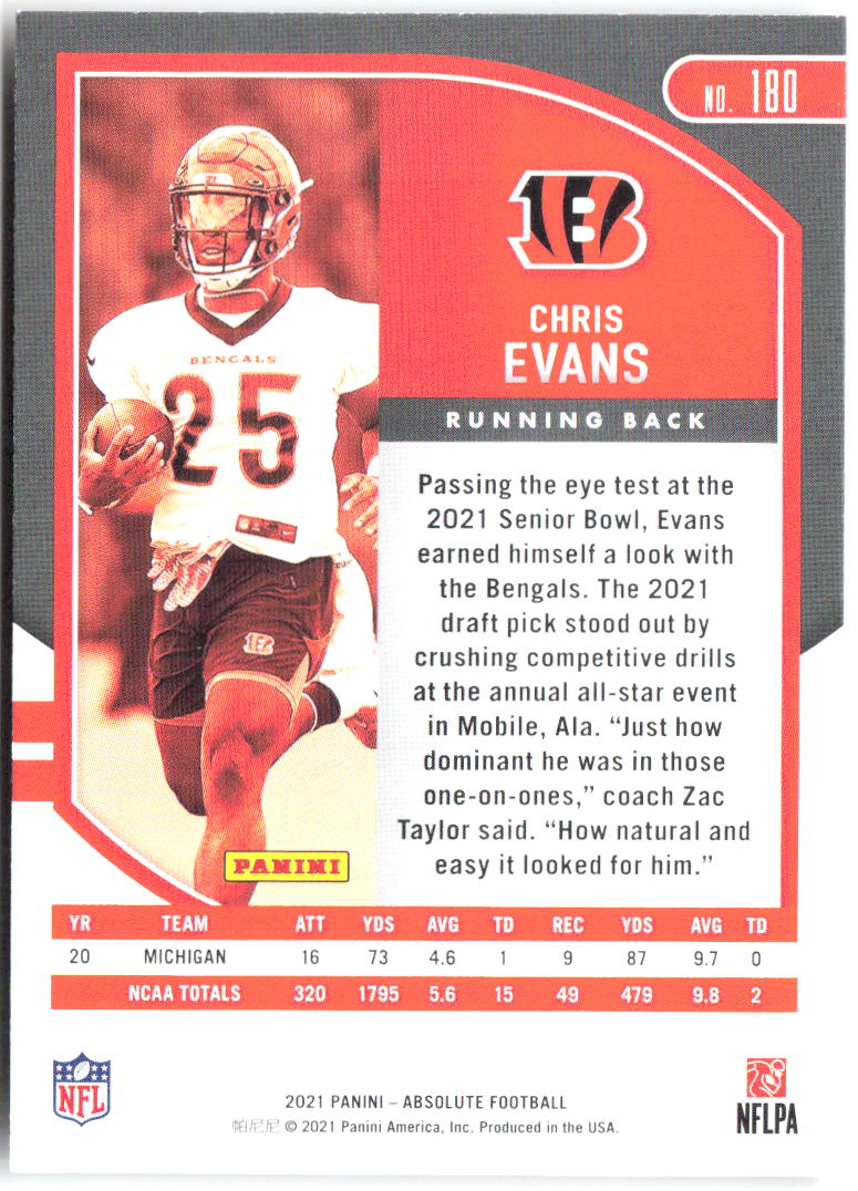 Chris Evans Panini Absolute - Retail 180 2021 Cincinnati Bengals RC