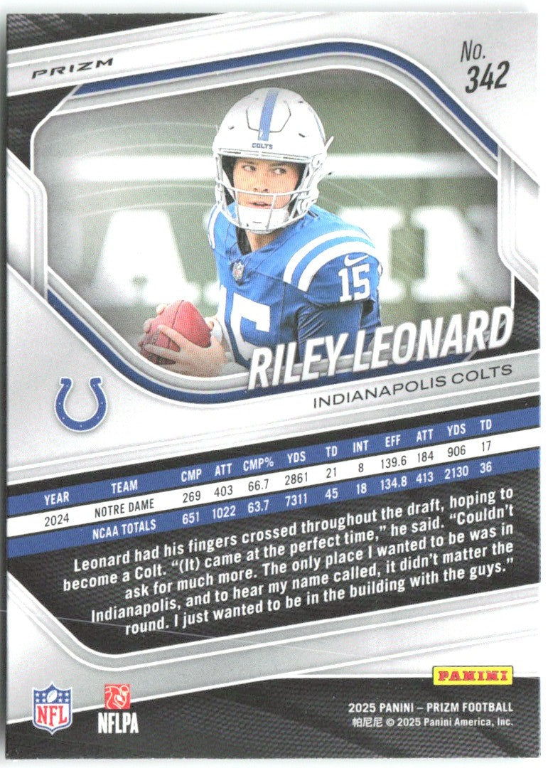Riley Leonard Panini Prizm - Neon Green Pulsar 342 2025 Indianapolis Colts