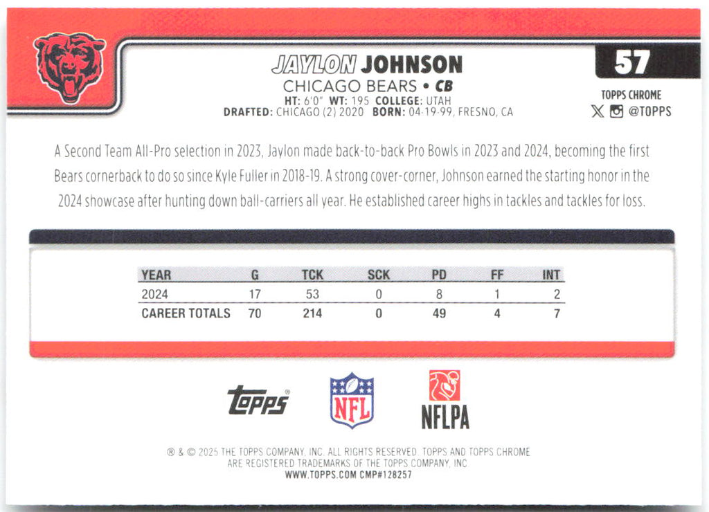 Jaylon Johnson Topps Chrome 57 2025 Chicago Bears
