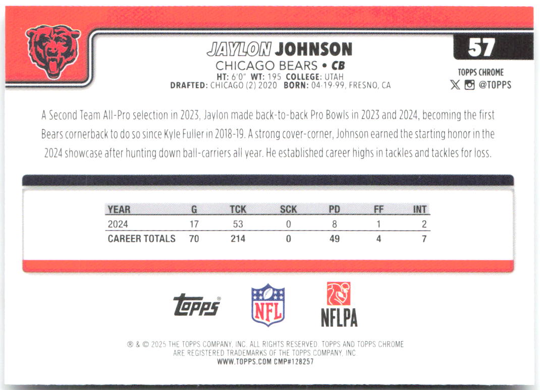 Jaylon Johnson Topps Chrome 57 2025 Chicago Bears