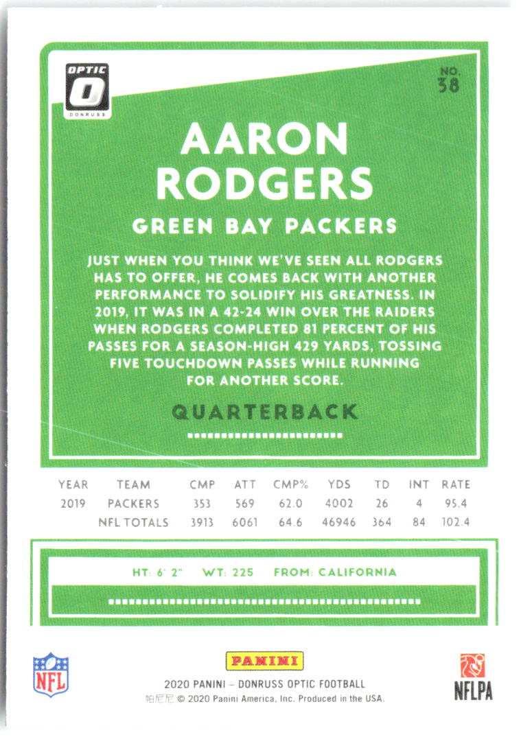 Aaron Rodgers Donruss Optic 38 2020 Green Bay Packers