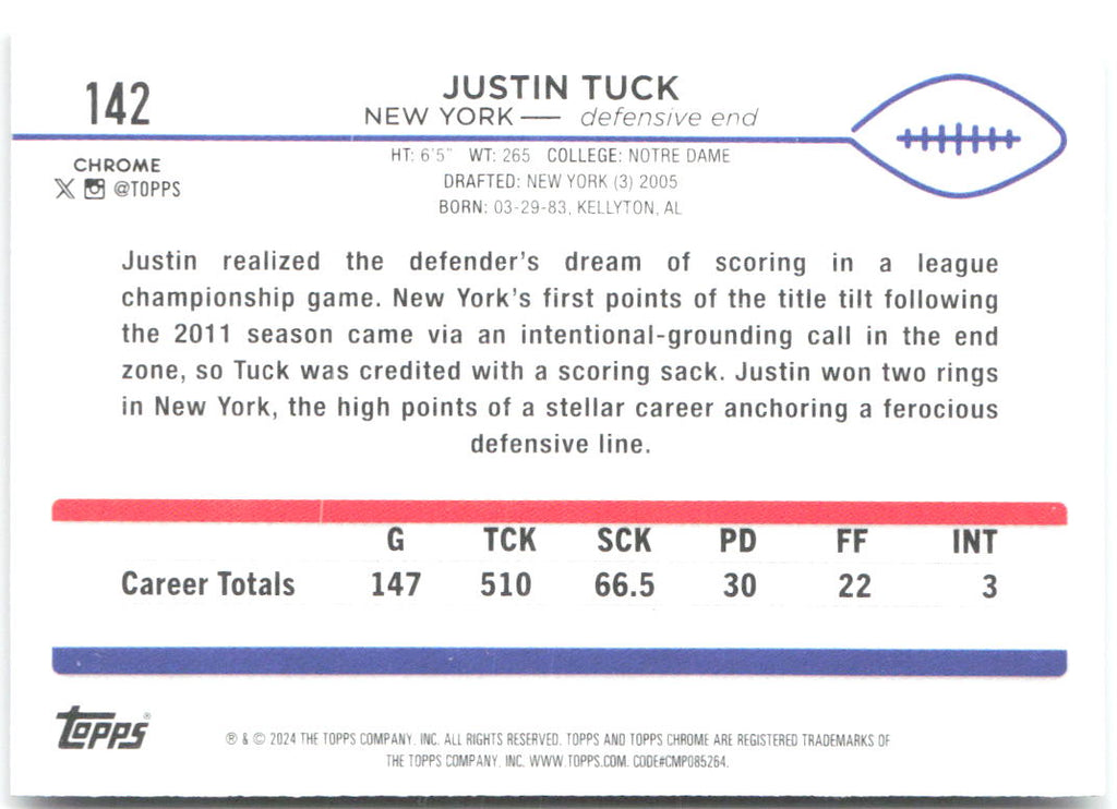 Justin Tuck Topps Chrome 142 2024 New York Giants
