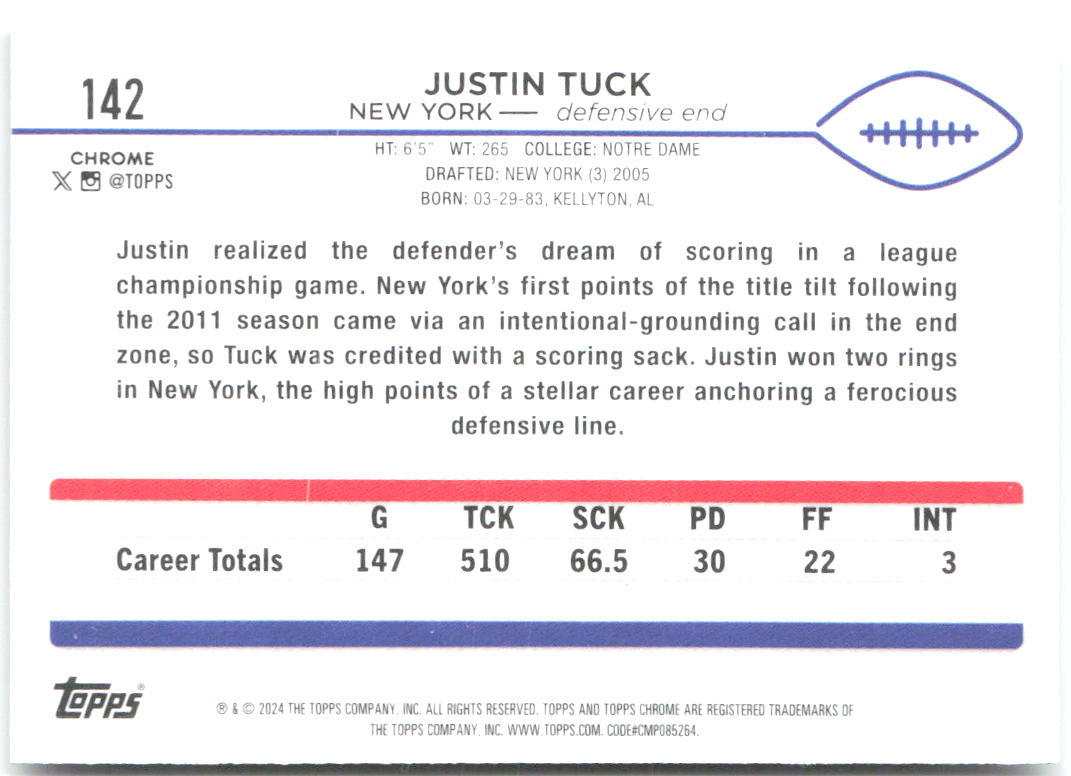 Justin Tuck Topps Chrome 142 2024 New York Giants