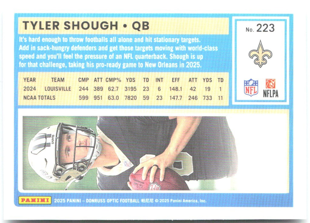 Tyler Shough Donruss Optic 223 2025 New Orleans Saints RC