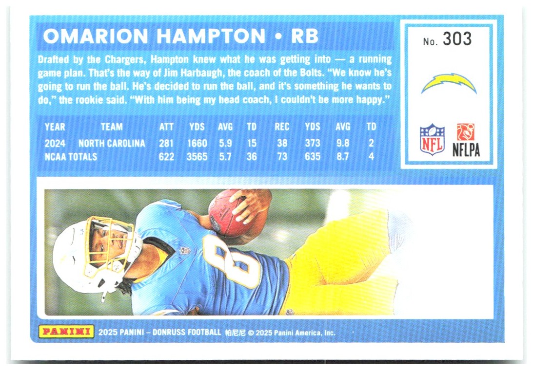 Omarion Hampton Donruss - Press Proofs Green 303 2025 Los Angeles Chargers