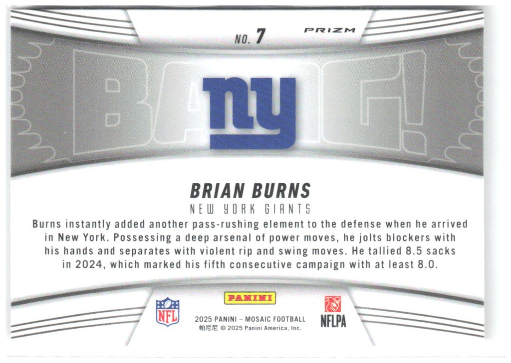 Brian Burns Panini Mosaic Bang! Mosaic Orange Fluorescent 7 2025 New York Giants