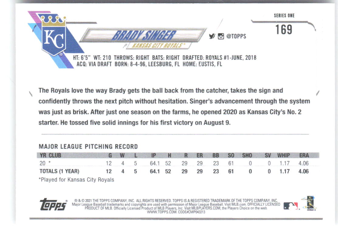 Brady Singer Topps 169 2021 Kansas City Royals RC