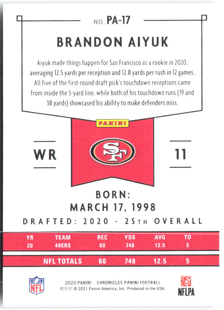 Brandon Aiyuk Panini Chronicles - Panini PA-17 2020 San Francisco 49ers