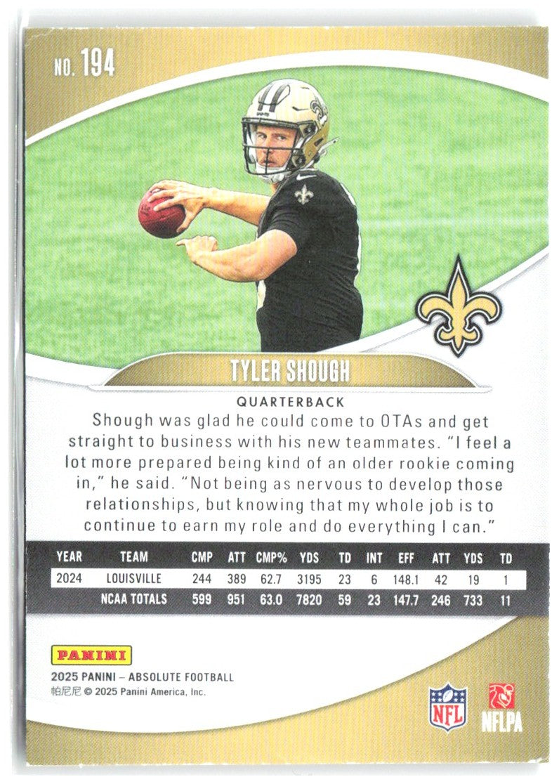 Tyler Shough Panini Absolute - Green 194 2025 New Orleans Saints