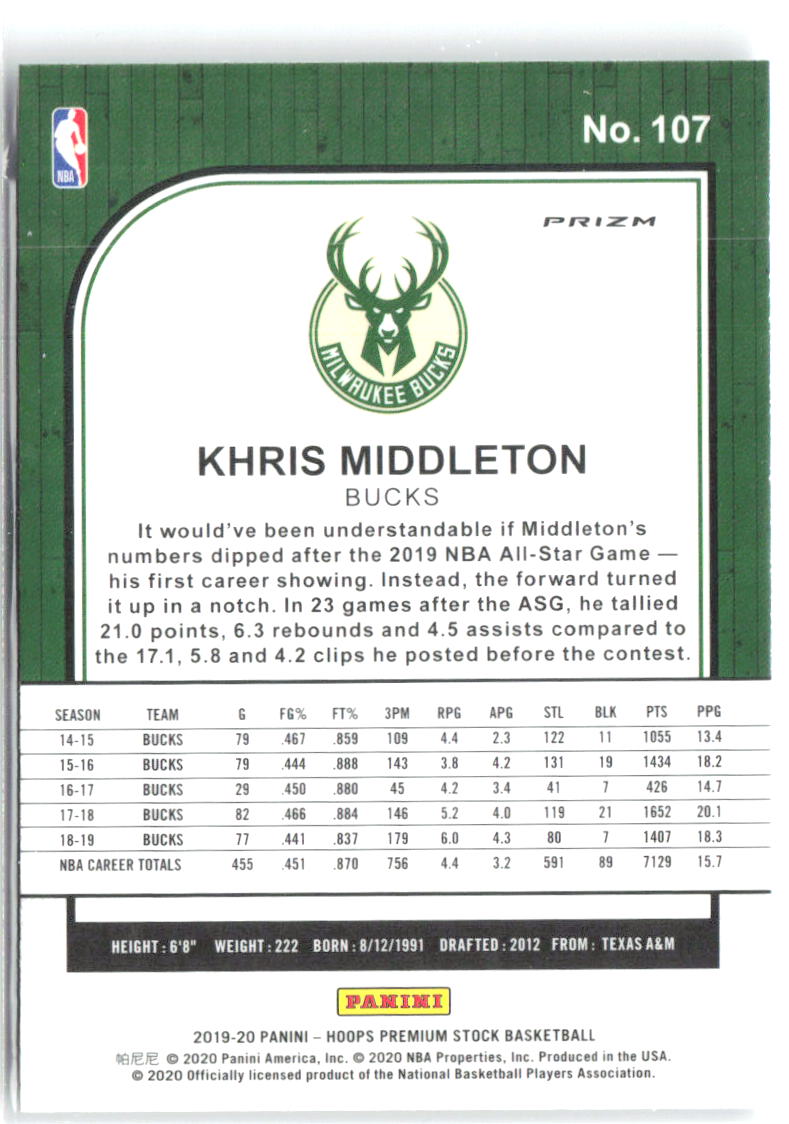 Khris Middleton Hoops Premium Stock - Prizms Silver Laser 107 2019-20 Bucks
