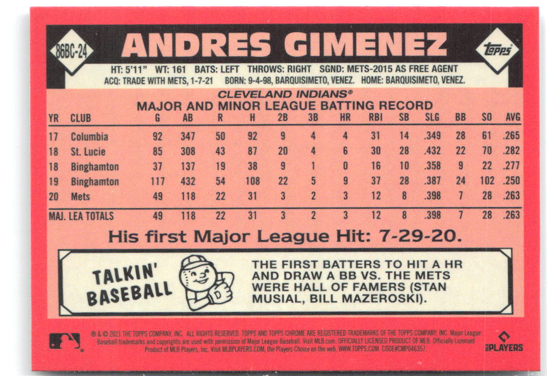 Andres Gimenez Topps Chrome - 1986 Baseball 35th 86BC-24 2021 Cleveland Indians