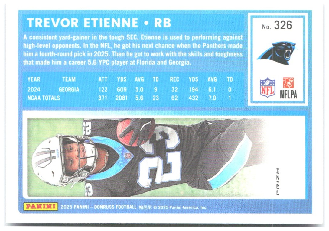 Trevor Etienne Donruss Optic Rated Rookies Blue Scope 326 2025 Carolina Panthers