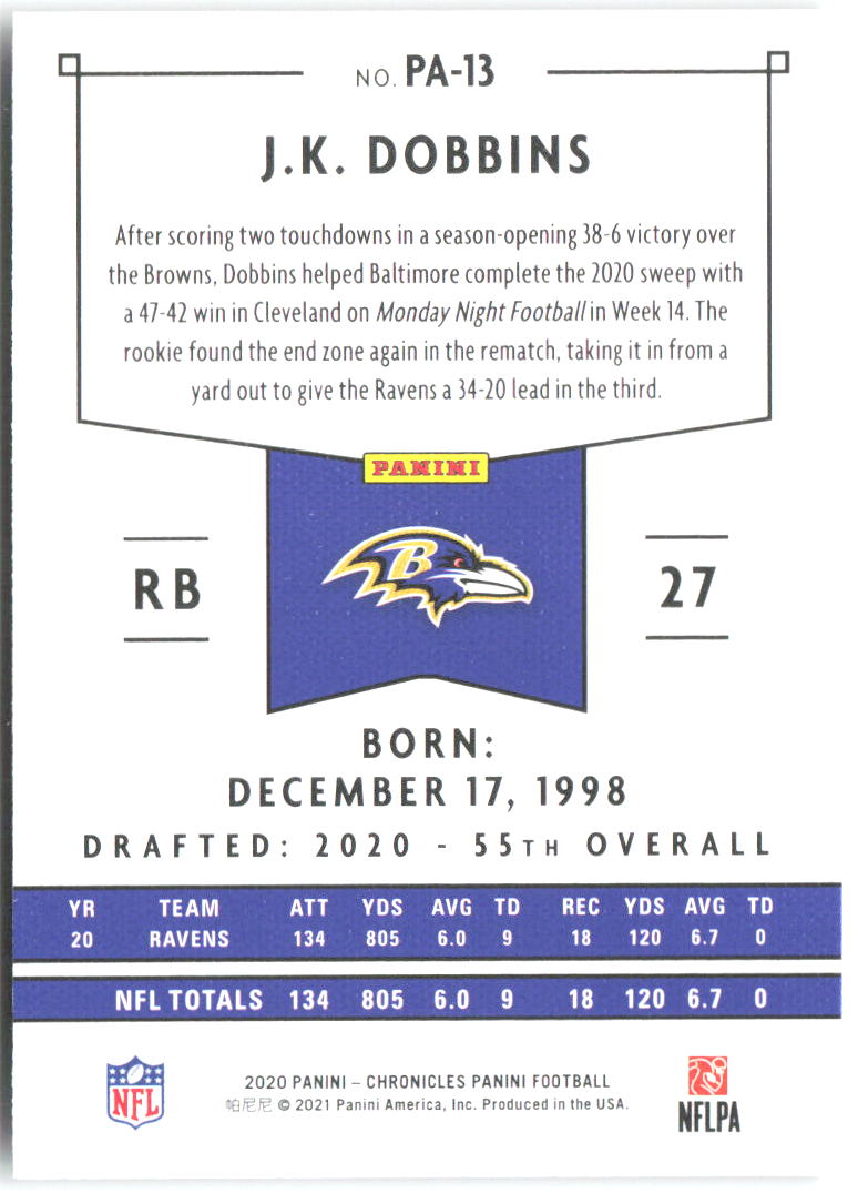 J.K. Dobbins Panini Chronicles - Panini PA-13 2020 Baltimore Ravens