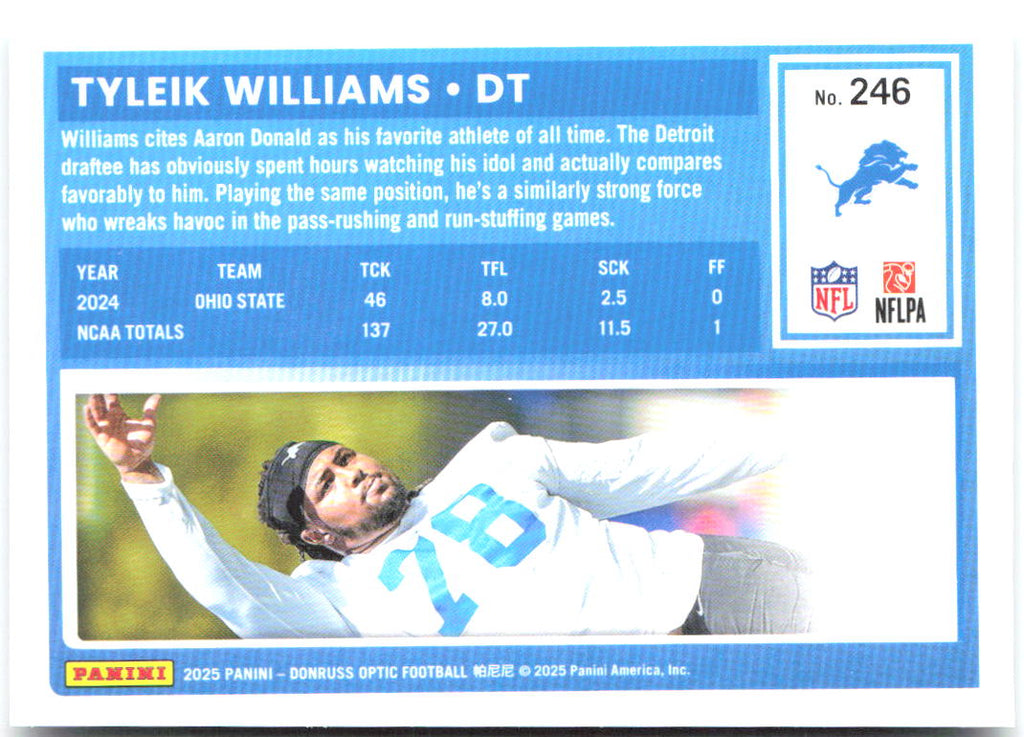 Tyleik Williams Donruss Optic - Holo 246 2025 Detroit Lions