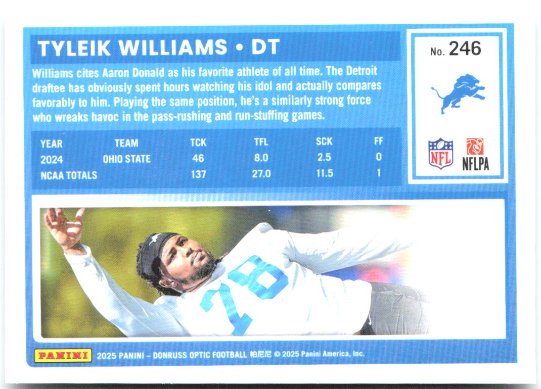 Tyleik Williams Donruss Optic - Holo 246 2025 Detroit Lions