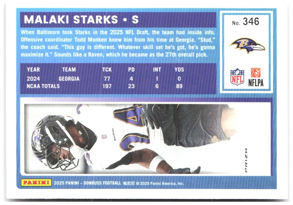 Malaki Starks Donruss Optic Rated Rookies Preview Pink 346 2025 Baltimore Ravens