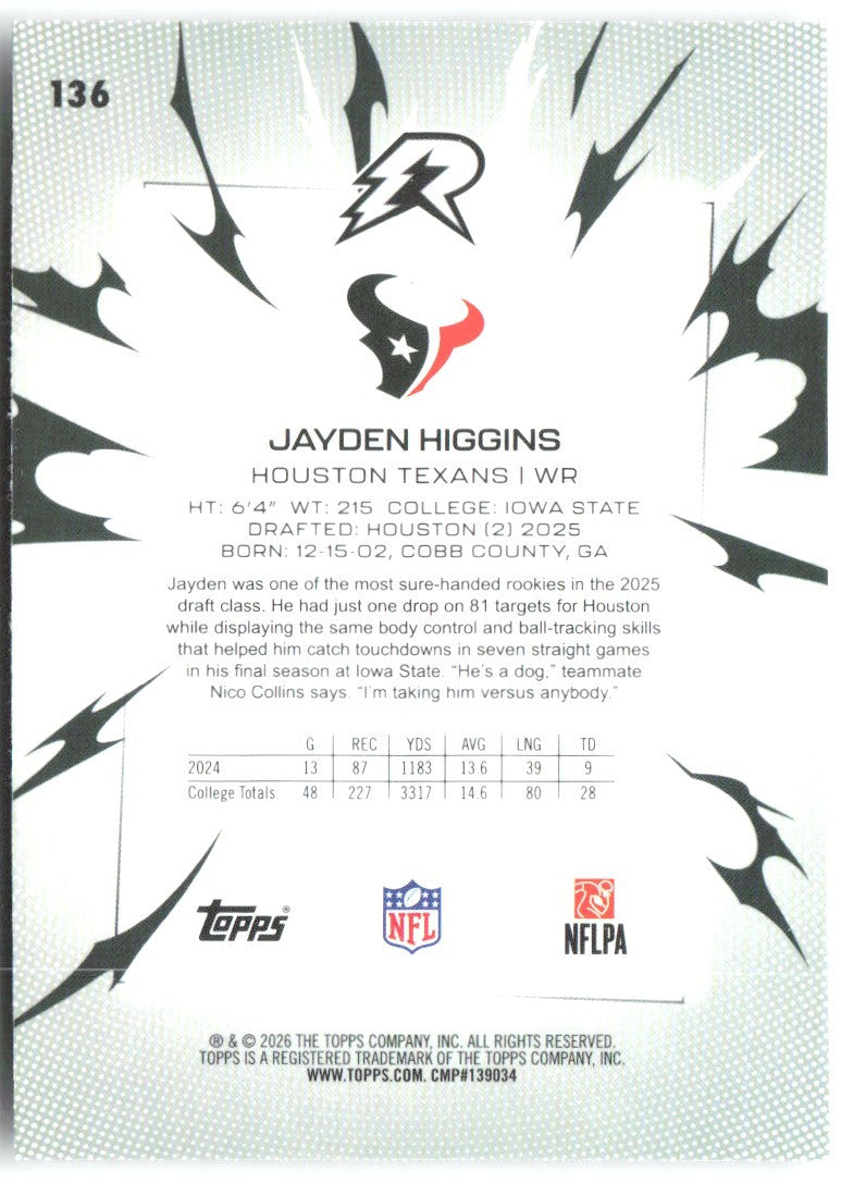 Jayden Higgins Topps Resurgence - Prism Refractor 136 2025 Houston Texans
