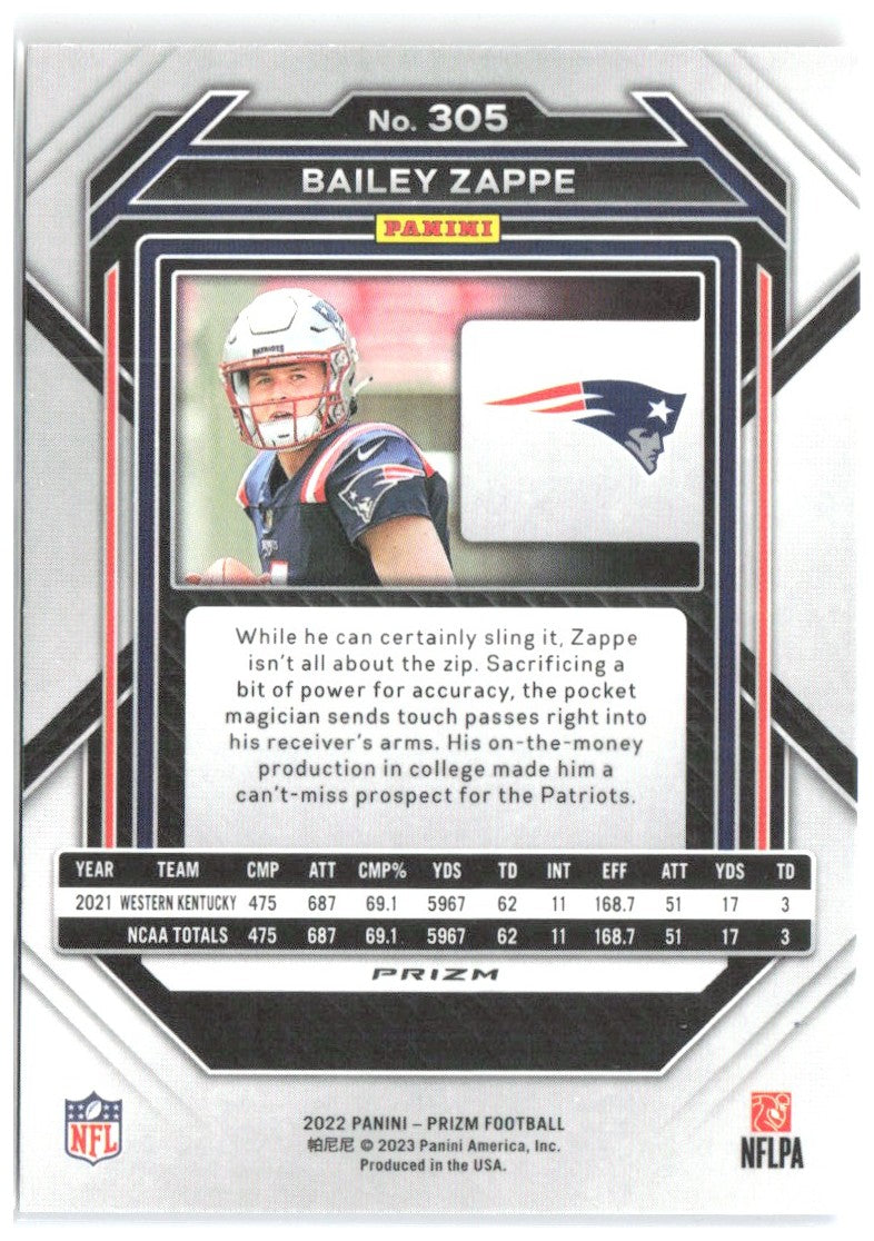 Bailey Zappe Panini Prizm - Red White and Blue 305 2022 New England Patriots