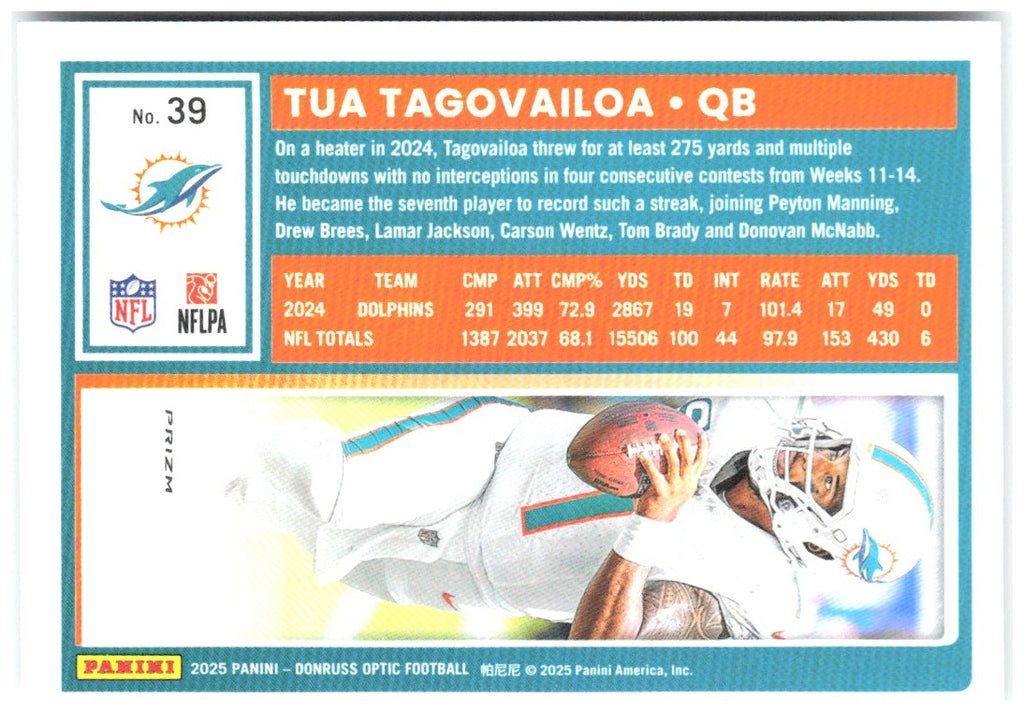 Tua Tagovailoa Donruss Optic - Holo 39 2025 Miami Dolphins