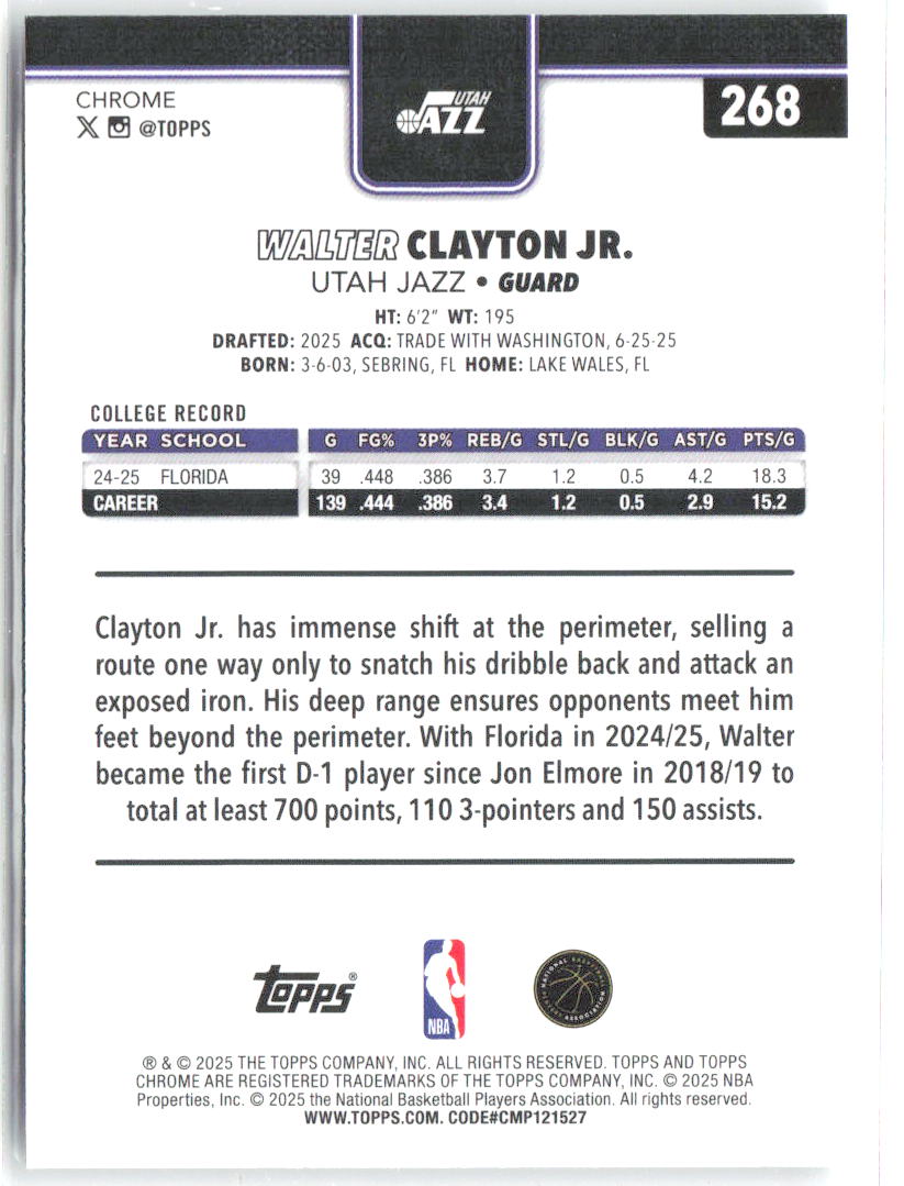 Walter Clayton Jr. Topps Chrome 268 2025-26 Utah Jazz RC