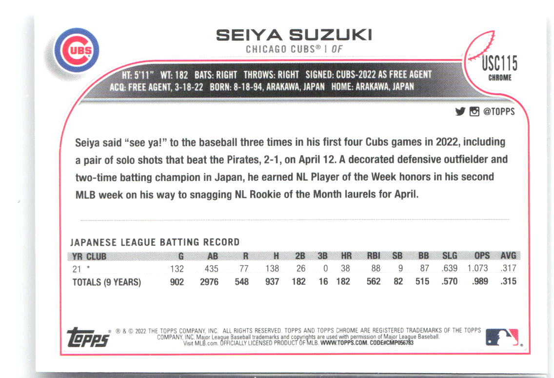 Seiya Suzuki Topps Chrome Update USC115 2022 Chicago Cubs RC