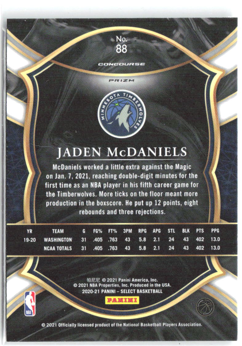 Jaden McDaniels Panini Select - Silver Prizms 88 2020-21 Minnesota Timberwolves