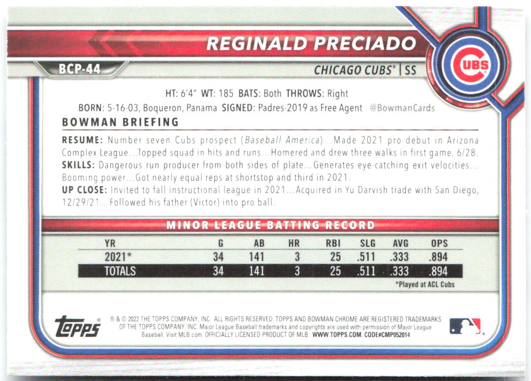 Reginald Preciado Bowman - Chrome Prospects Mojo Refractors BCP-44 2022 Cubs