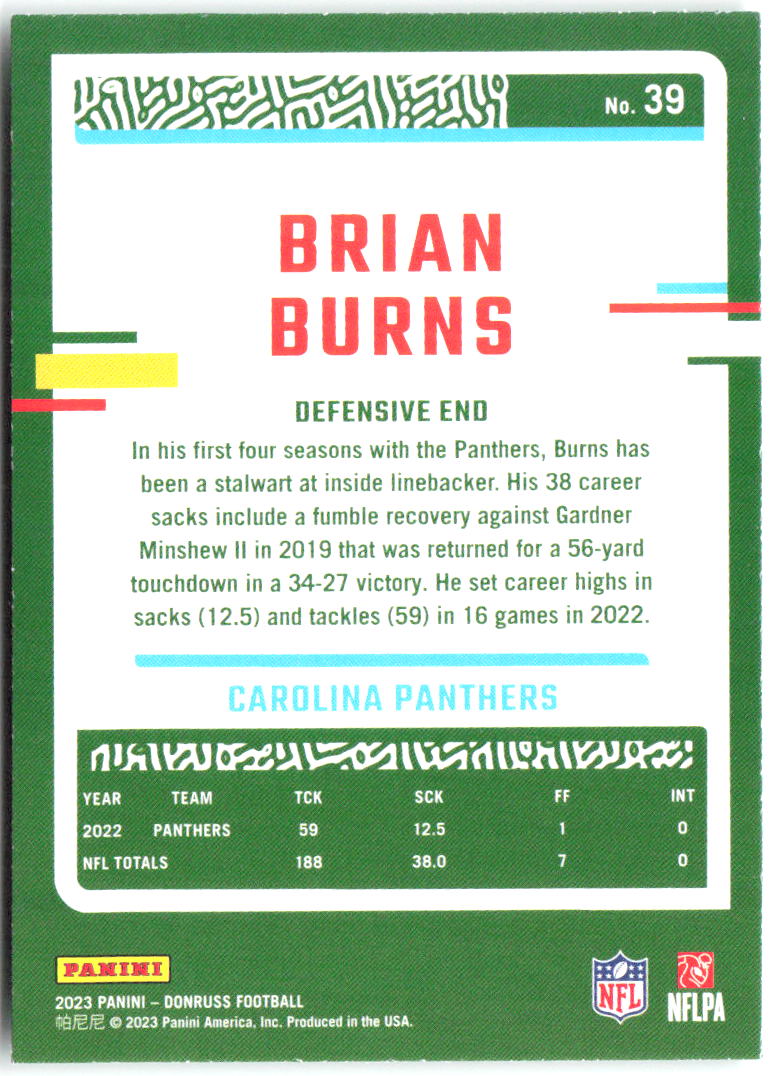 Brian Burns Press Proof Green Donruss - Press Proof Green 39 NM