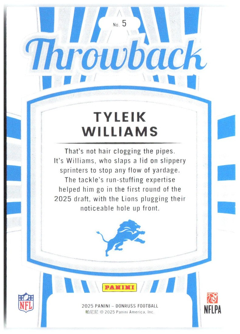 Tyleik Williams Donruss - Rated Rookies Throwback 5 2025 Detroit Lions