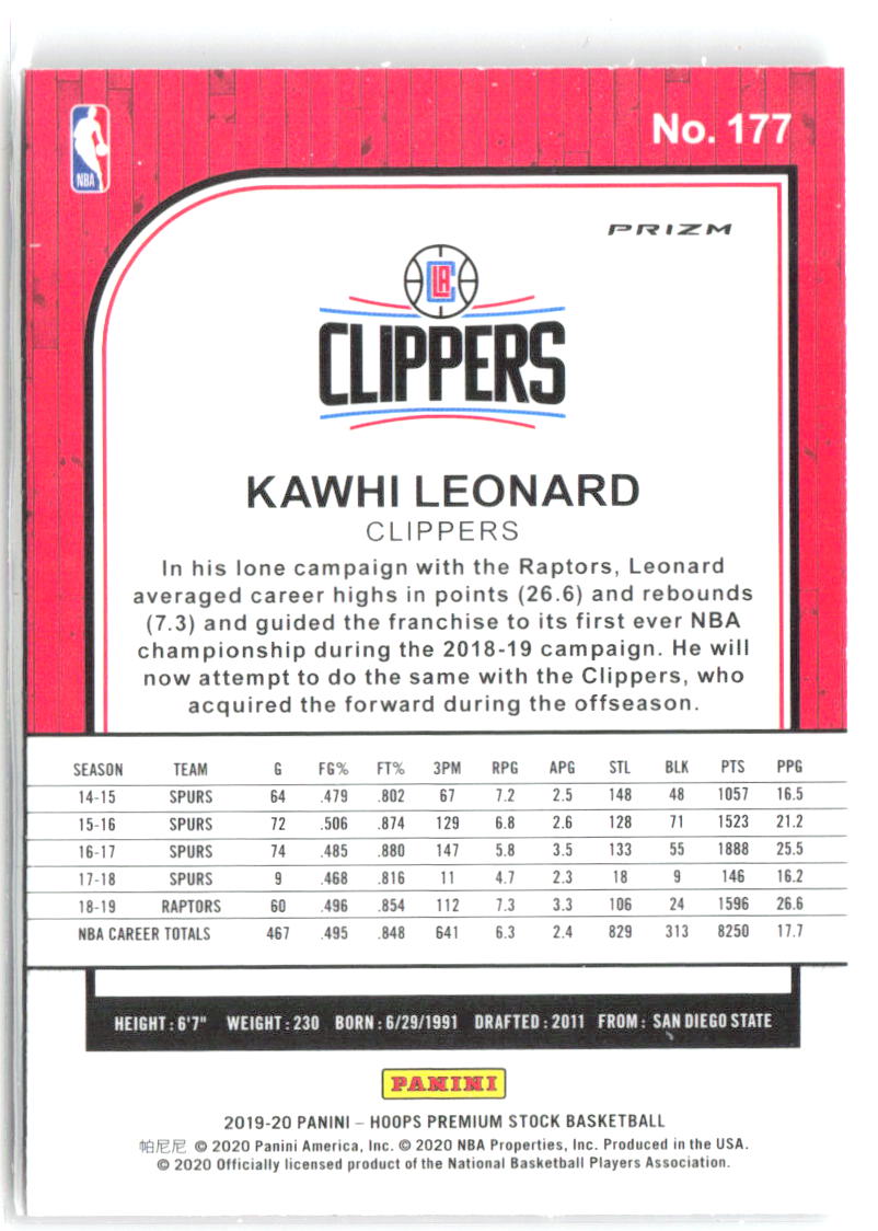 Kawhi Leonard Hoops Premium Stock - Prizms Silver Scope 177 2019-20 Clippers