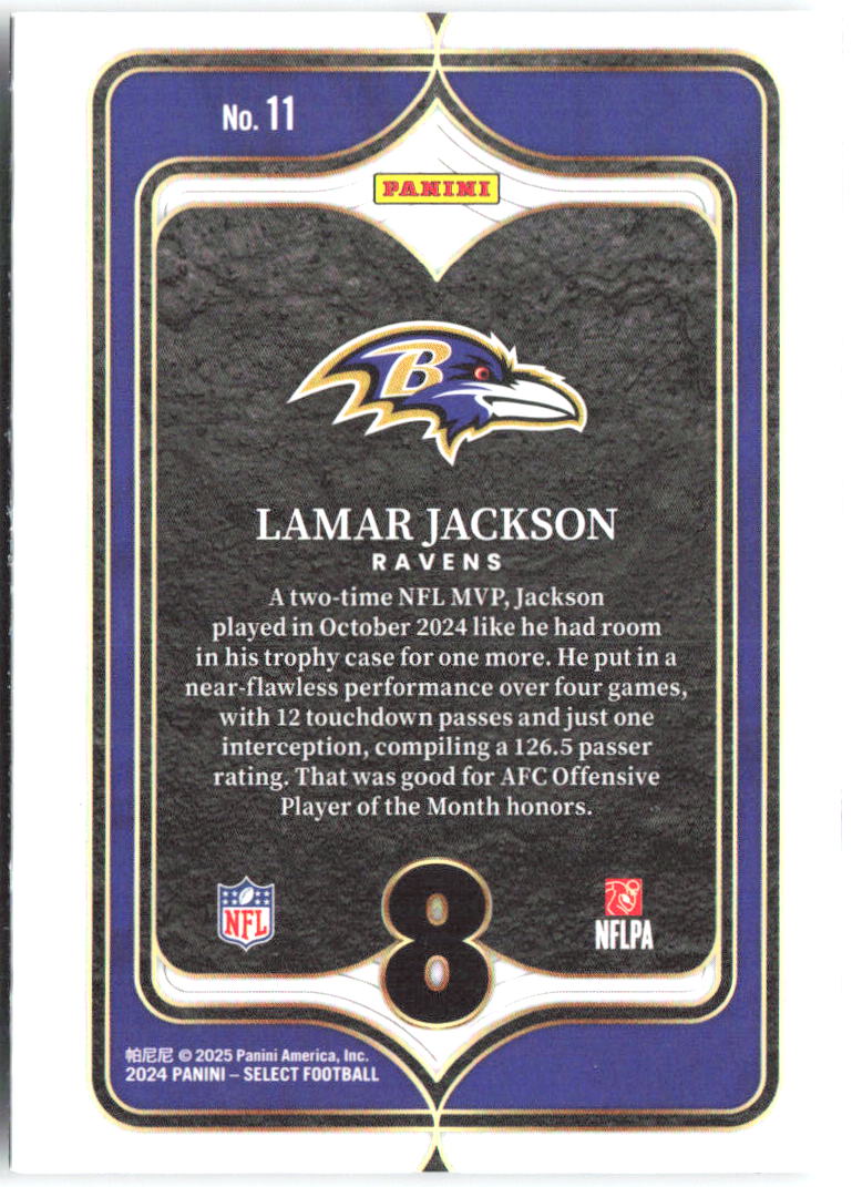 Lamar Jackson Panini Select - Select Numbers 11 2024 Baltimore Ravens