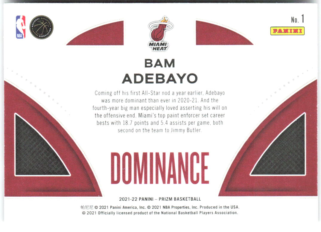 Bam Adebayo Panini Prizm - Dominance 1 2021-22 Miami Heat