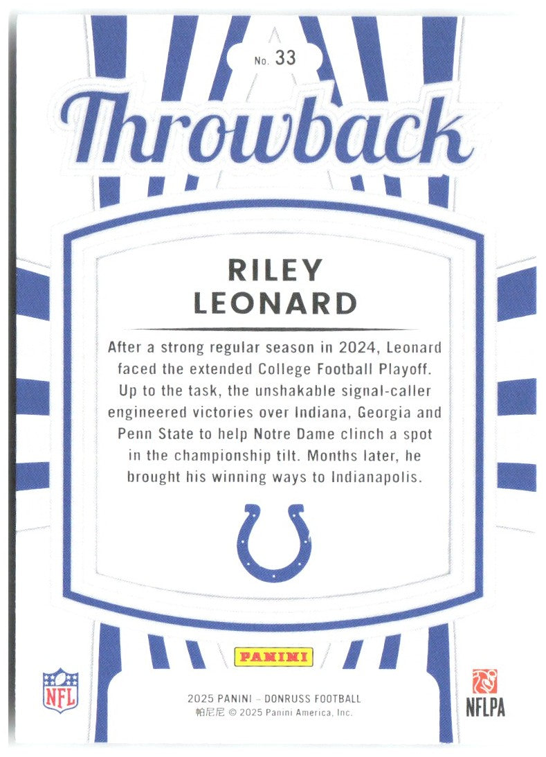Riley Leonard Donruss - Rated Rookies Throwback 33 2025 Indianapolis Colts
