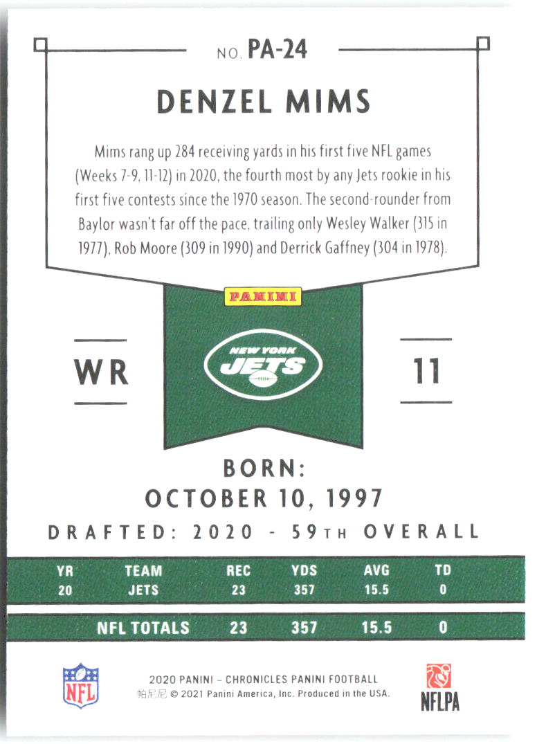 Denzel Mims Panini Chronicles - Panini Green PA-24 2020 New York Jets