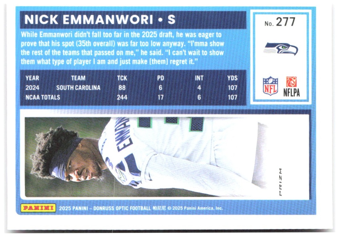 Nick Emmanwori Donruss Optic - Pink 277 2025 Seattle Seahawks