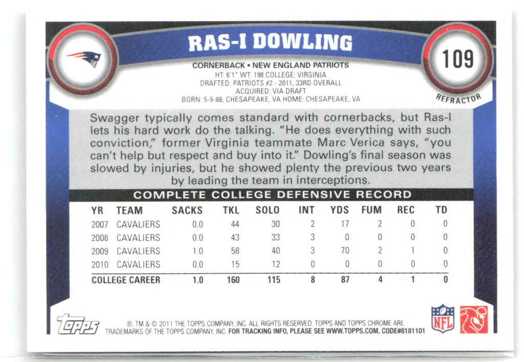 Ras-I Dowling Topps Chrome - Orange Refractors 109 2011 New England Patriots