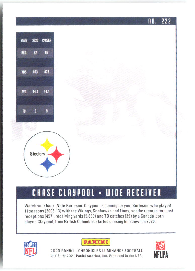 Chase Claypool Chronicles Luminance Update Rookies 222 2020 Pittsburgh Steelers