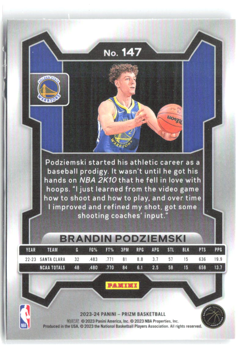 Brandin Podziemski Panini Prizm 147 2023-24 Golden State Warriors RC