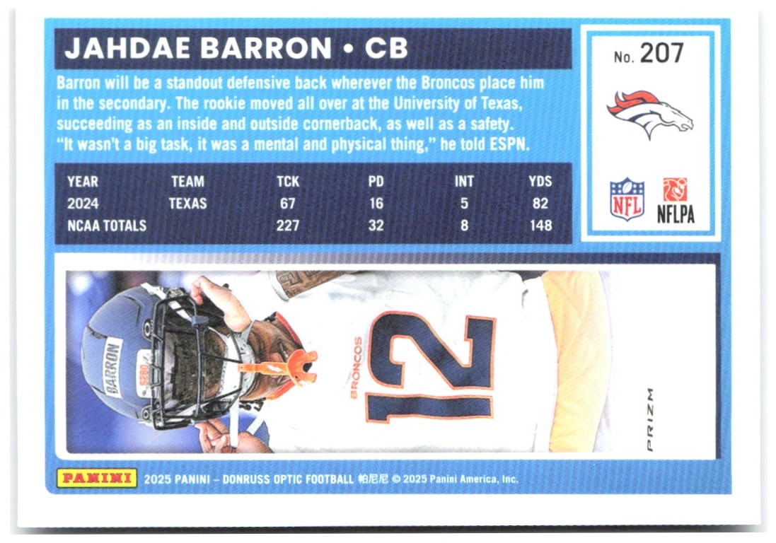 Jahdae Barron Donruss Optic - Purple Shock 207 2025 Denver Broncos