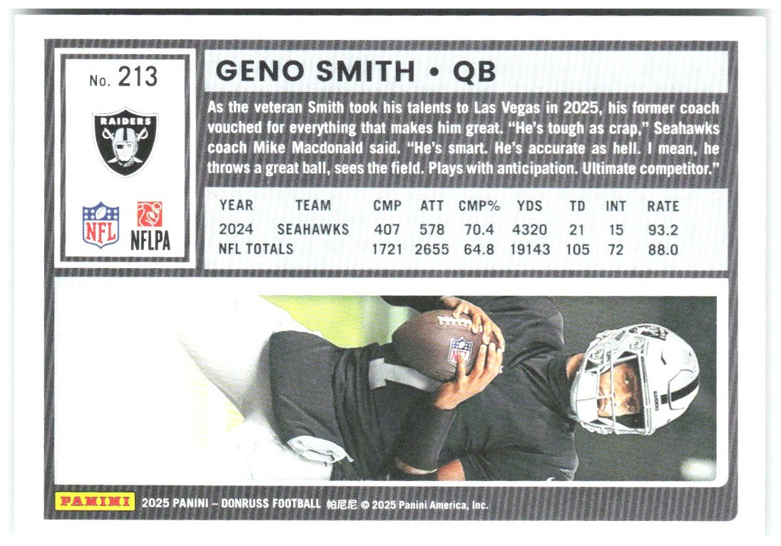 Geno Smith Donruss - Press Proofs Green 213 2025 Las Vegas Raiders