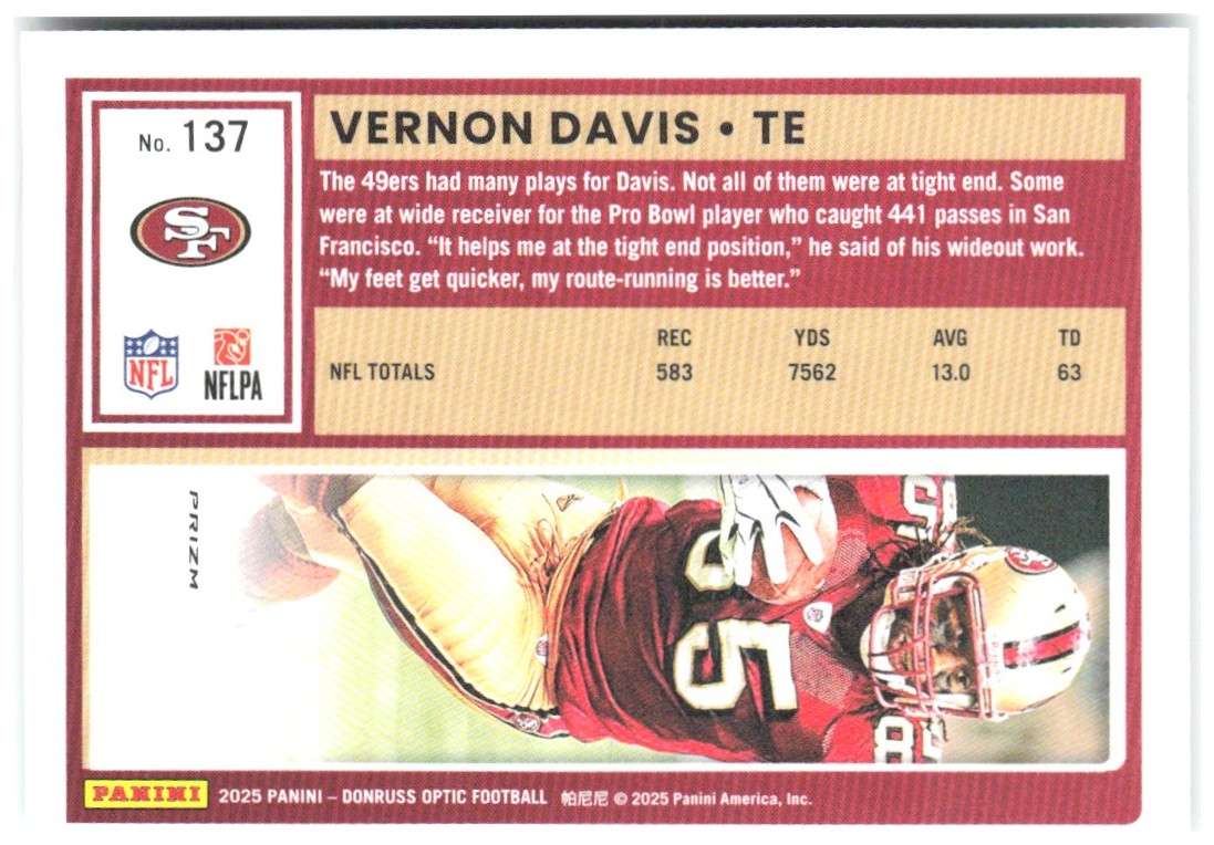 Vernon Davis Donruss Optic - Holo 137 2025 San Francisco 49ers