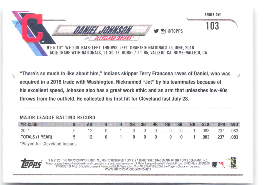 Daniel Johnson Topps 103 2021 Cleveland Indians RC