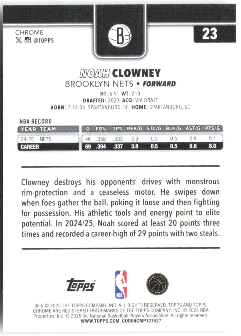 Noah Clowney Topps Chrome 23 2025-26 Brooklyn Nets