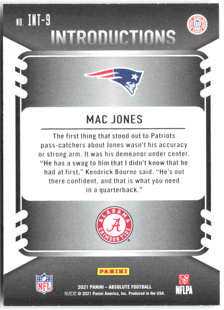 Mac Jones Panini Absolute - Introductions INT-9 2021 New England Patriots