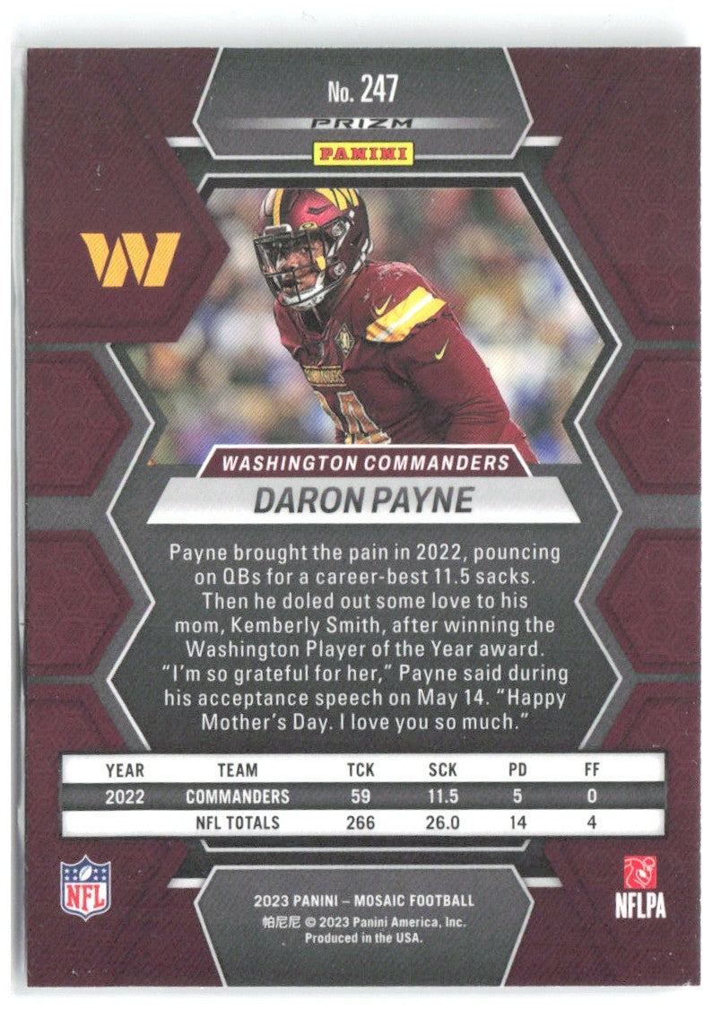 Daron Payne Panini Mosaic - Silver 247 2023 Washington Commanders