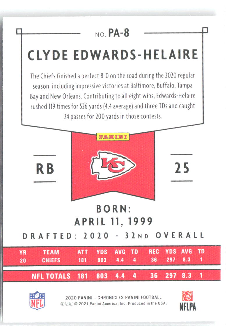 Clyde Edwards-Helaire Panini Chronicles Panini Pink PA-8 2020 Kansas City Chiefs