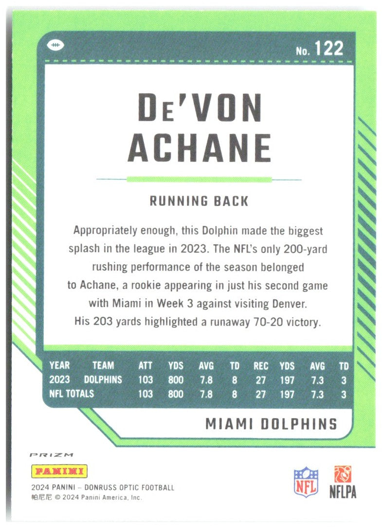 De'Von Achane Donruss Optic - Holo 122 2024 Miami Dolphins