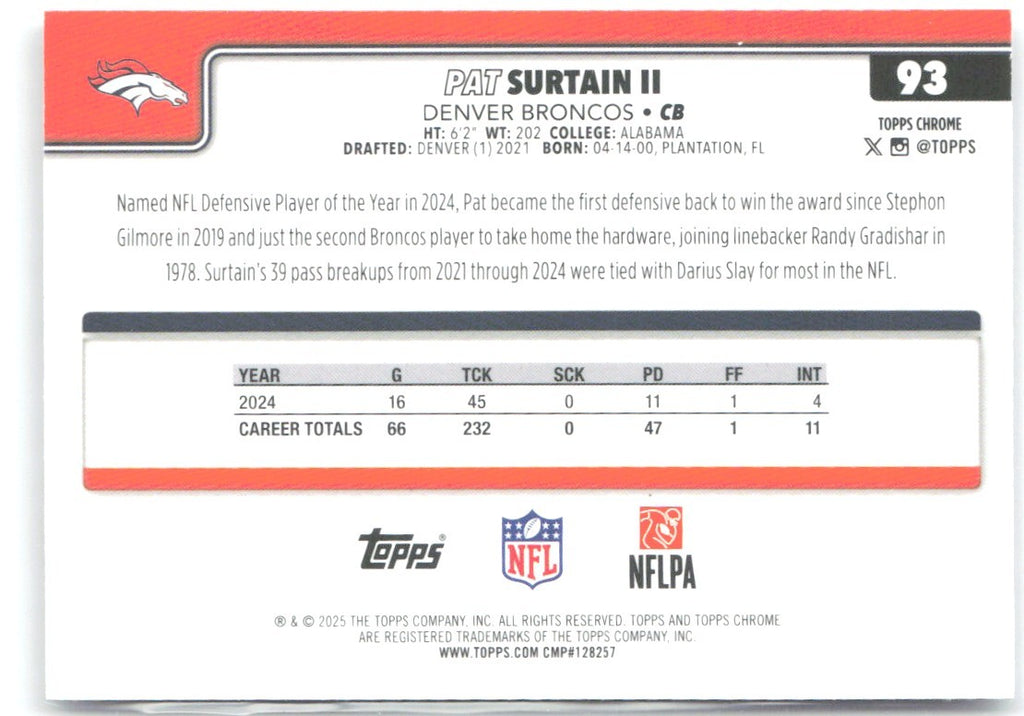Patrick Surtain II Topps Chrome - X-Fractor 93 2025 Denver Broncos